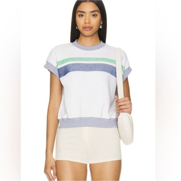 Anthropologie Sundry Short-Sleeve Lounge Top Size Large Cream Stripe Gray - Picture 1 of 7